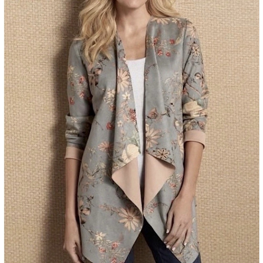 Soft Surroundings Gray Floral Open Front Waterfall Cardigan Faux Suede 1x Topper